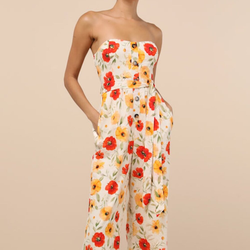 Lulus Sunny Day Classic Ivory Floral Strapless Jumpsuit White - Size L